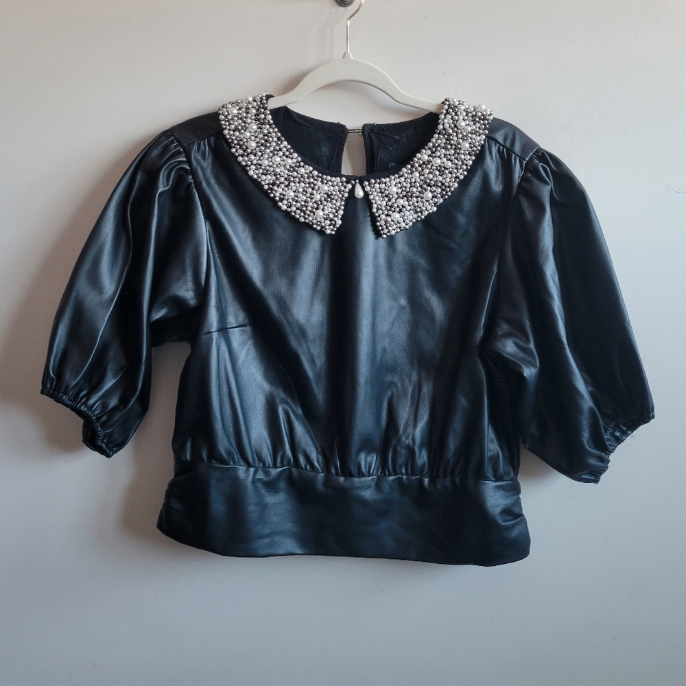 Anthropologie Maeve Faux Leather Puff-Sleeve Blouse - Picture 6 of 10
